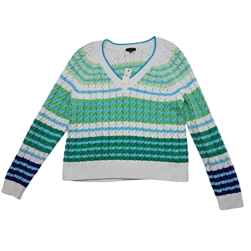 NWT Talbots Sweater Womens Large Petite White Green Striped Pointelle Preppy